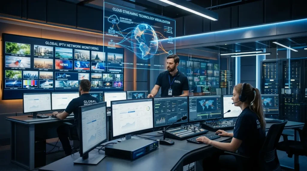 Modern IPTV encoding workstation with futuristic streaming interface