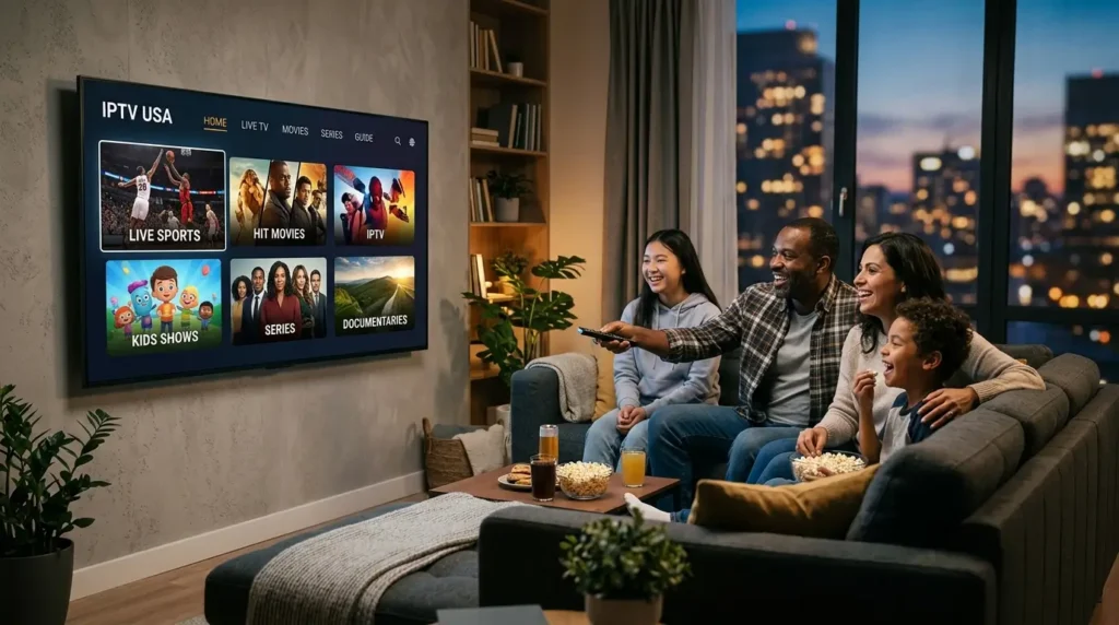 IPTV services platform displayed on smart TV, smartphone, and tablet in the USA market.