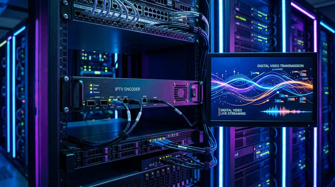 Professional IPTV encoder device in a futuristic streaming control room