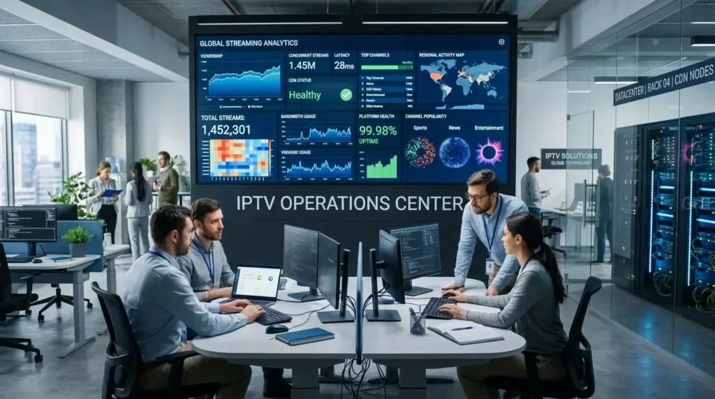 Professional IPTV providers office with streaming analytics displays