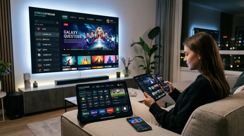 IPTV subscription service running on smart TV tablet and smartphone