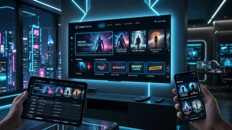 IPTV streaming services on a modern smart TV in a stylish American living room.