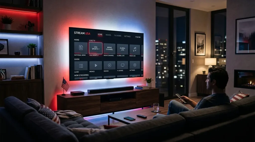 American family using IPTV streaming services on a smart TV in a modern home.