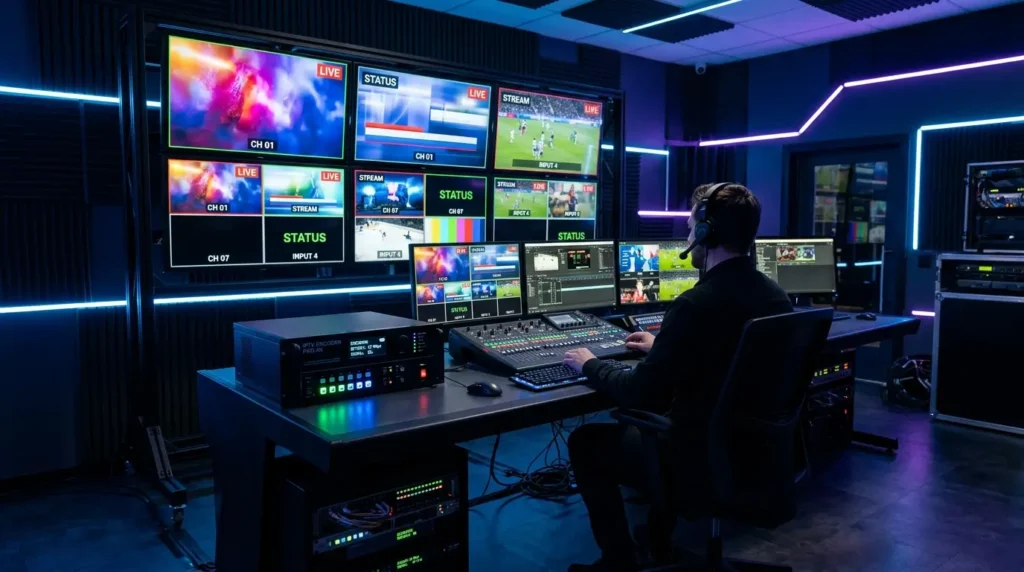 IPTV encoder connected to media servers with digital video streaming screens