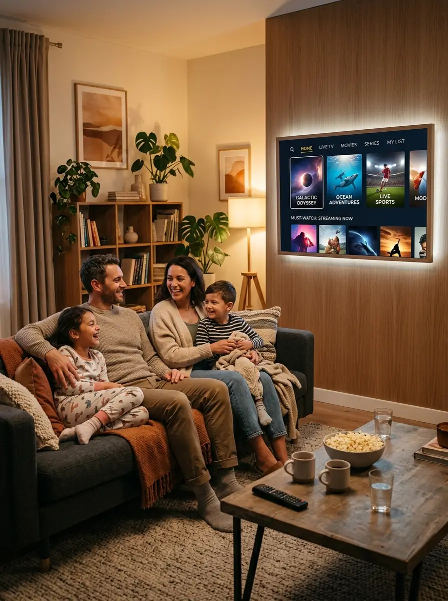 IPTV service streaming dashboard with movie thumbnails and channels